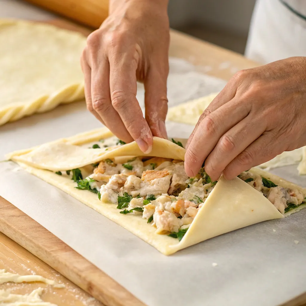 Baked chicken and cheese jalousie sliced and served with salad and sauce