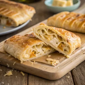 Assembling chicken and cheese jalousie pastry