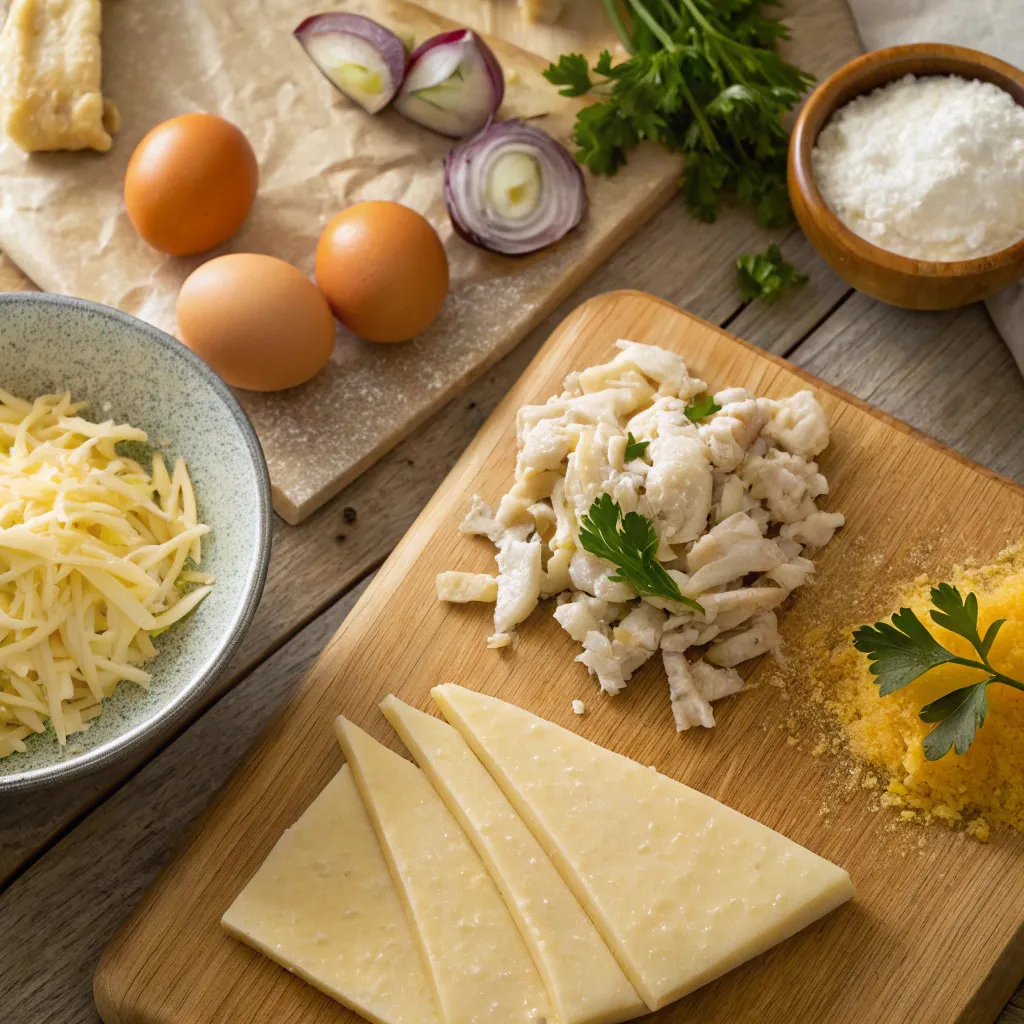 Ingredients for chicken and cheese jalousie recipe with puff pastry and shredded cheese