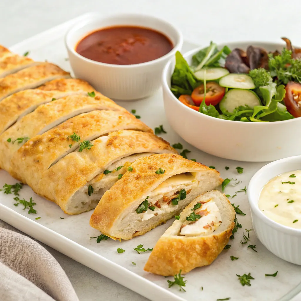Baked chicken and cheese jalousie sliced and served with salad and sauce