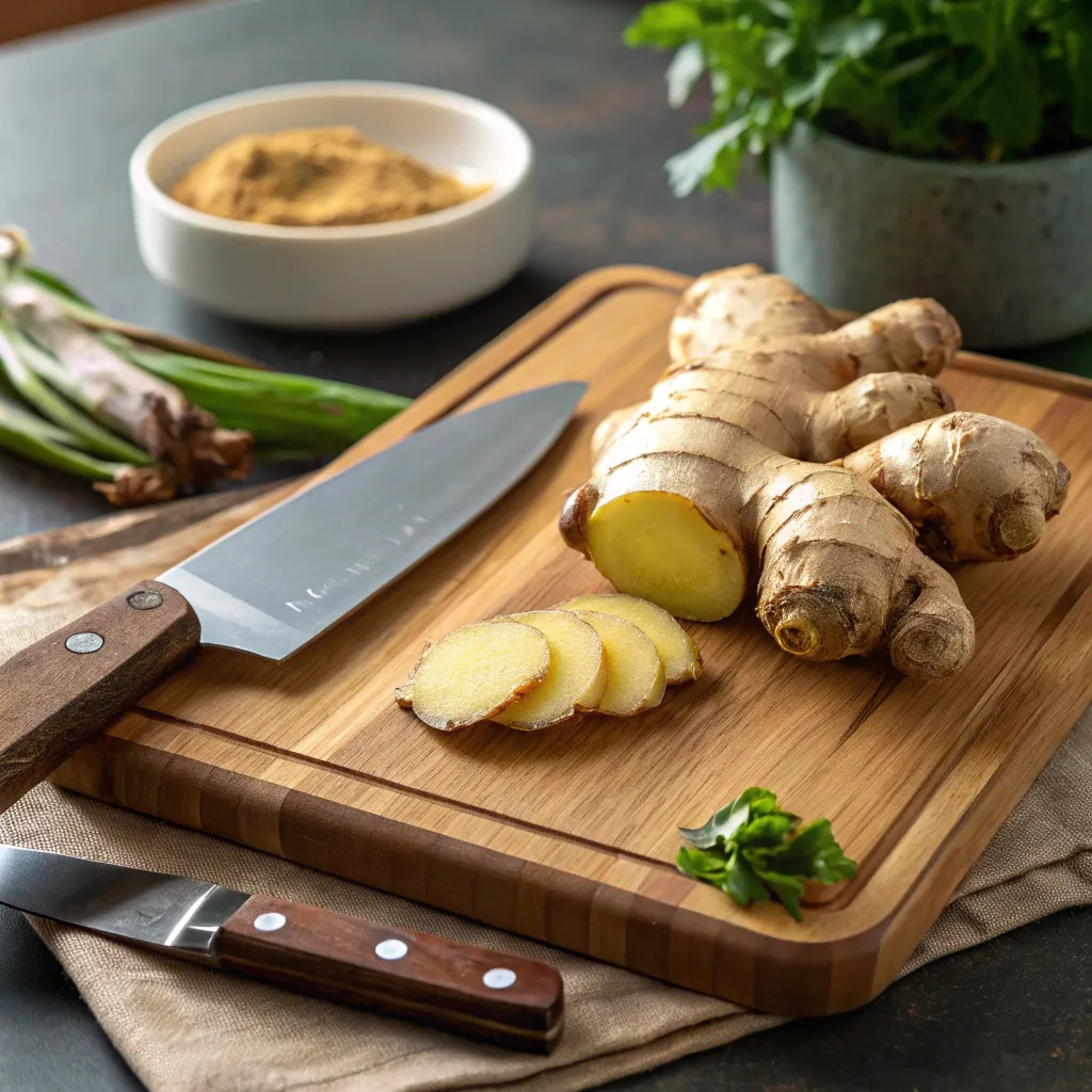 peeling fresh ginger root for crystallized ginger