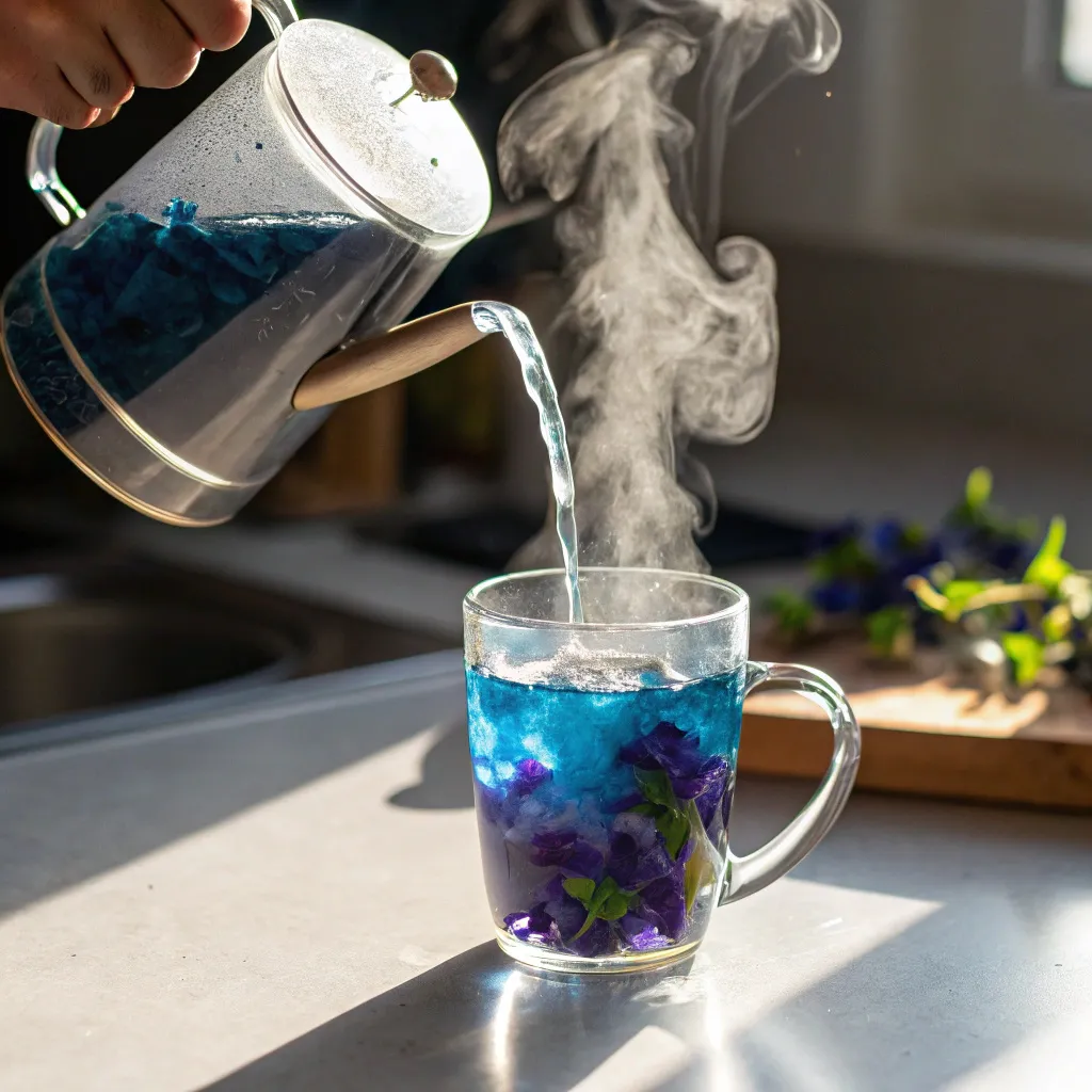 Hot water steeping dried butterfly pea flowers in a clear mug creating vibrant blue herbal tea