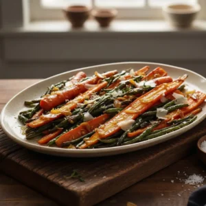 Close-up of honey glazed carrots and green beans sprinkled with fresh herbs