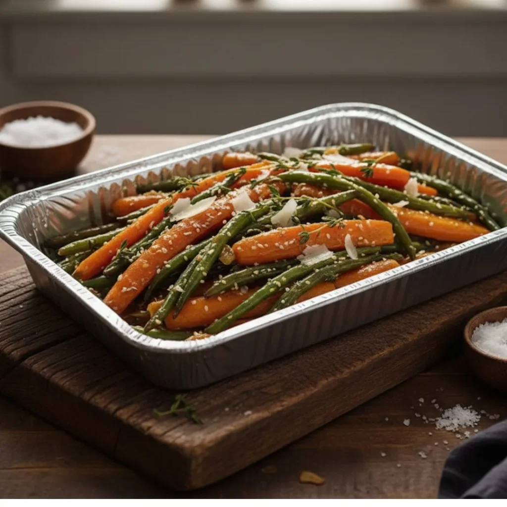 Holiday platter of honey glazed green beans and carrots garnished with lemon zest