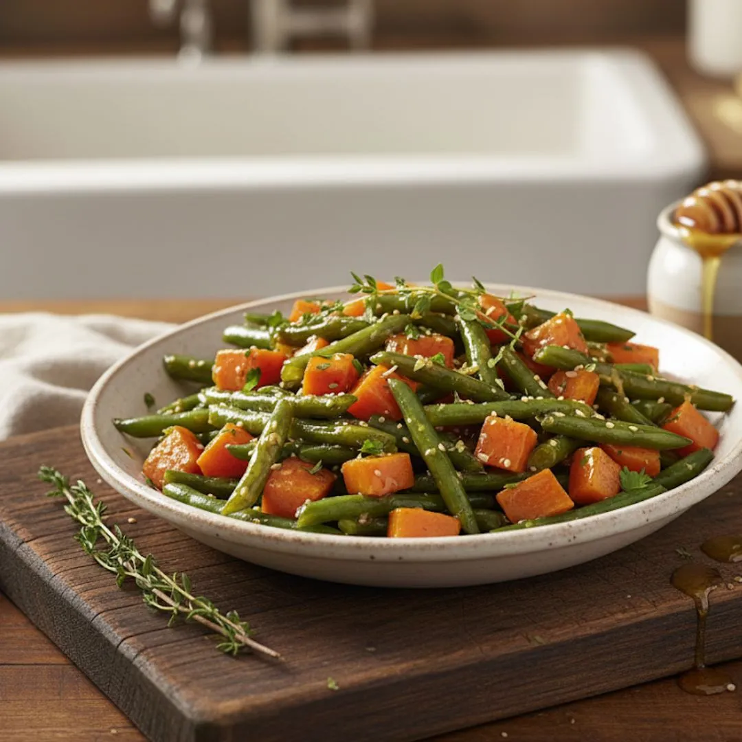 Skillet of tender carrots and crisp green beans coated in a glossy honey glaze