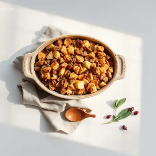 Golden Apple and Sausage Stuffing Bake, an easy Thanksgiving side dish