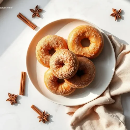Delicious baked brioche donuts with cinnamon sugar flatlay