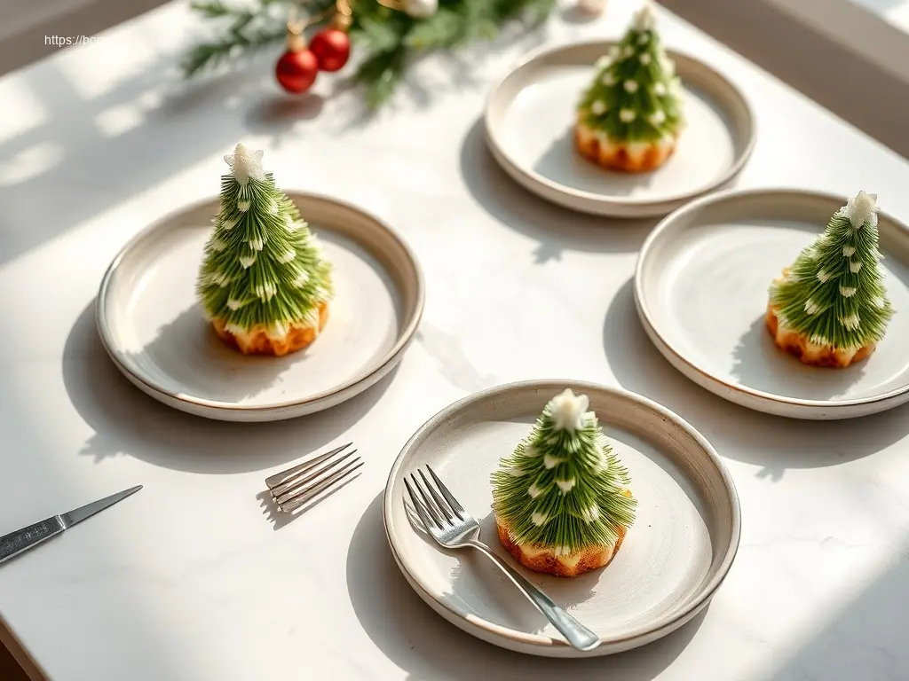 Christmas Tree Shaped Cheesecake Bites on white marble table