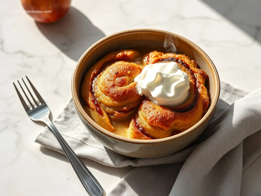 Delicious cinnamon roll apple cobbler tempting overhead view