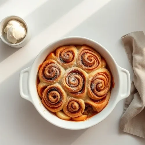Delicious cinnamon roll apple cobbler tempting overhead view