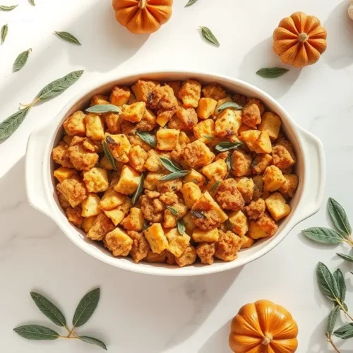 Classic Grandmas Thanksgiving Stuffing in a ceramic dish overhead view