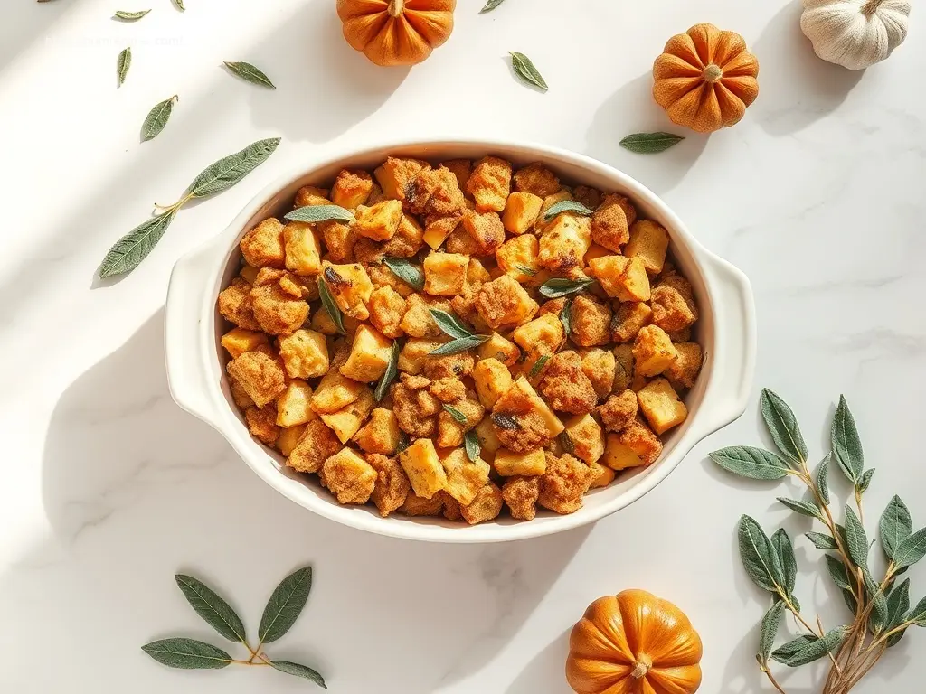 Classic Grandmas Thanksgiving Stuffing in a ceramic dish overhead view