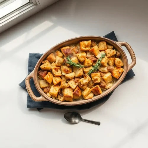 Cornbread Stuffing with Sage Thyme golden brown in baking dish