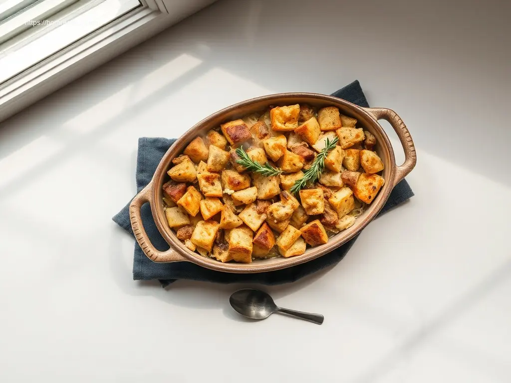Cornbread Stuffing with Sage Thyme golden brown in baking dish