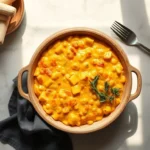 Warm Southern Creamed Corn Casserole flatlay on marble