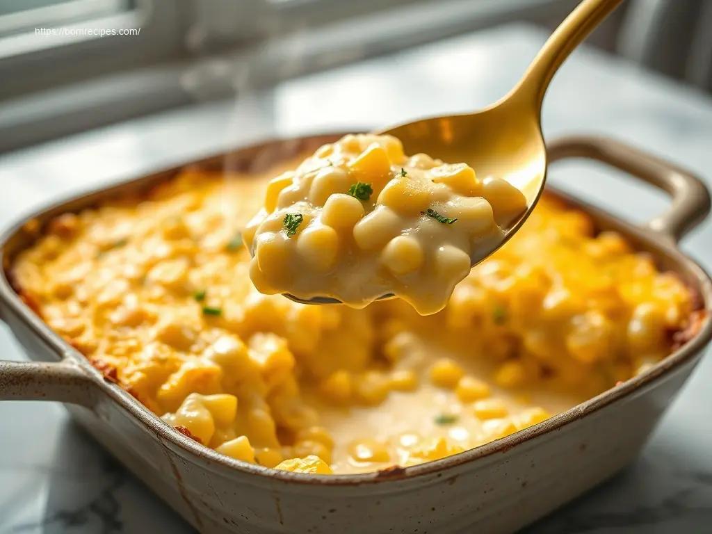 Warm Southern Creamed Corn Casserole flatlay on marble