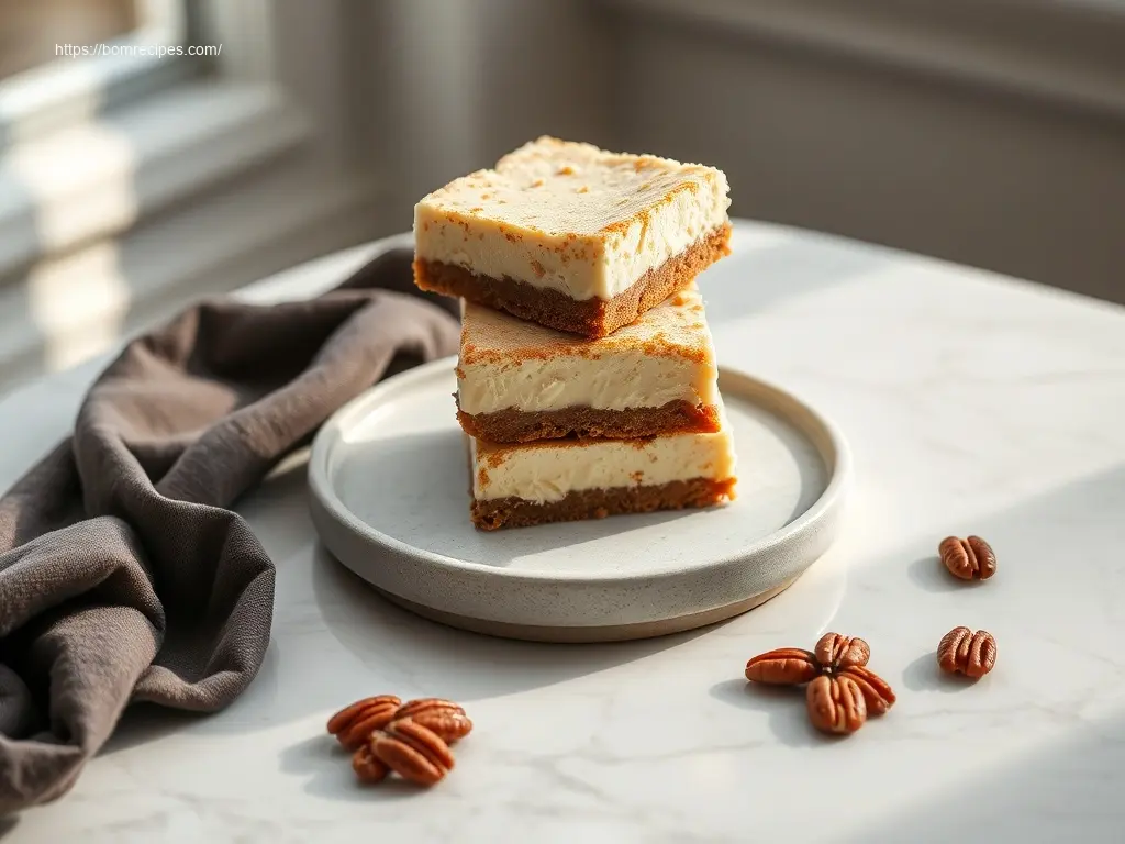 Delicious Eggnog Cheesecake Bars with Spiced Crust on a white platter