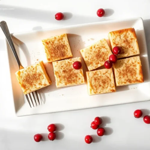 Delicious Eggnog Cheesecake Bars with Spiced Crust on a white platter