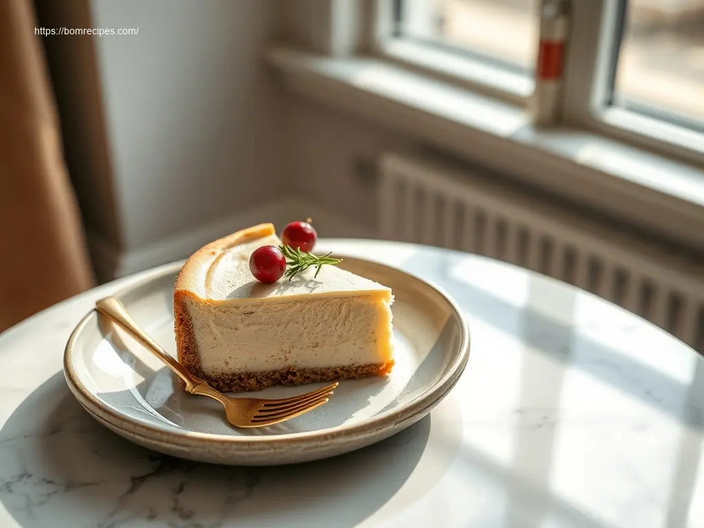 Delicious Gingerbread Crust Christmas Cheesecake on a white marble