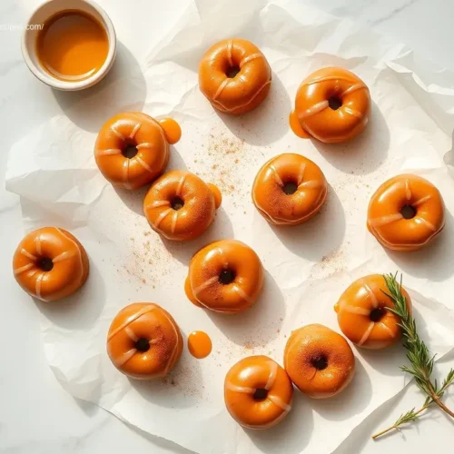 Delicious glazed pumpkin donut holes on parchment paper