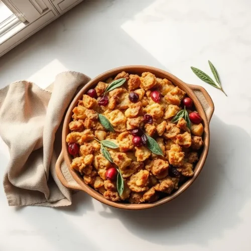 Delicious Gluten Free Thanksgiving Stuffing baked to golden perfection