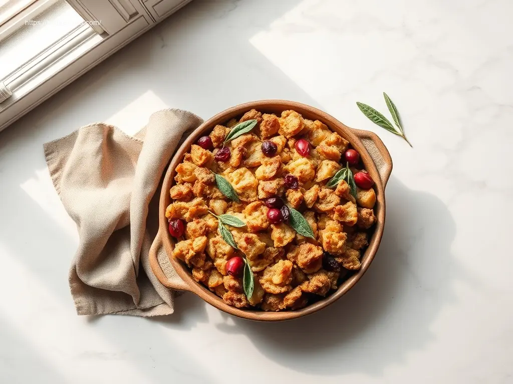 Delicious Gluten Free Thanksgiving Stuffing baked to golden perfection