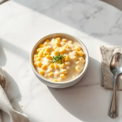 Delicious classic homestyle creamed corn in a white bowl with chives