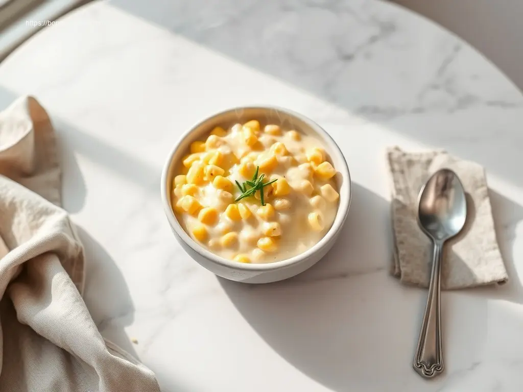 Delicious classic homestyle creamed corn in a white bowl with chives