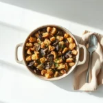 Delicious Vegetarian Mushroom Stuffing in a baking dish