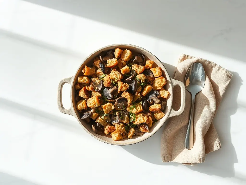 Delicious Vegetarian Mushroom Stuffing in a baking dish