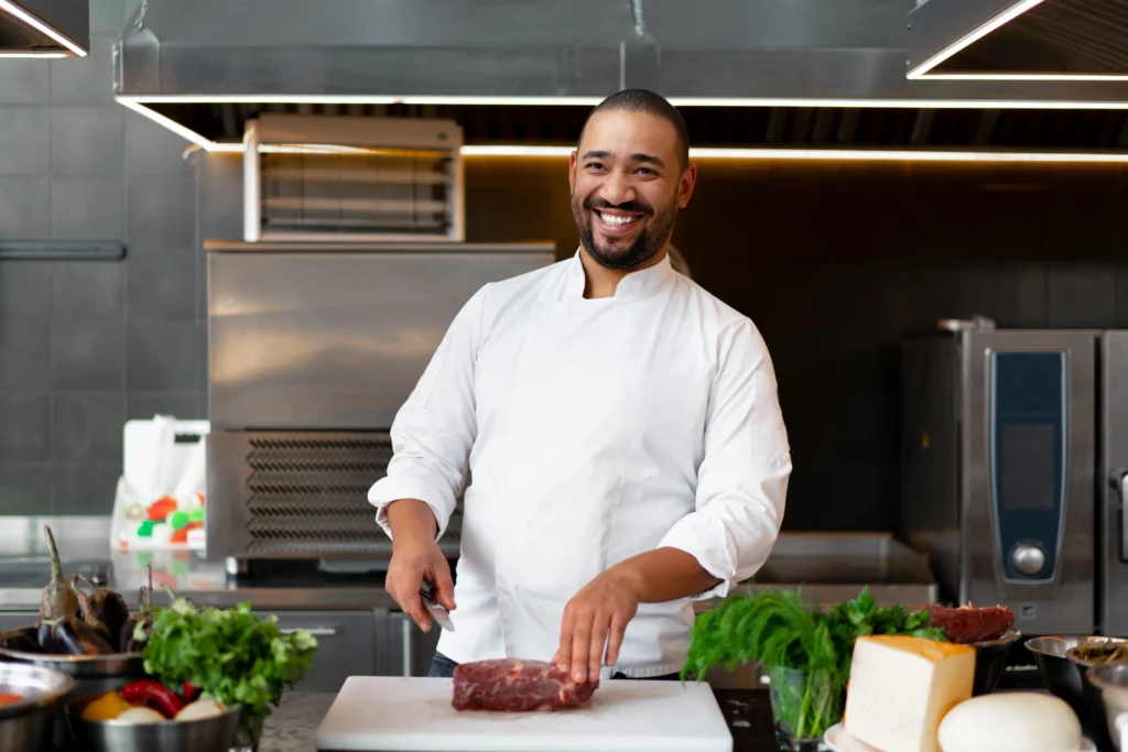 Smiling personal chef holding a cut of beef on a cutting board with fresh herbs and cheese