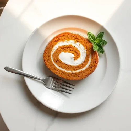 Delicious Pumpkin Roll Cake with Cream Filling slice on white plate