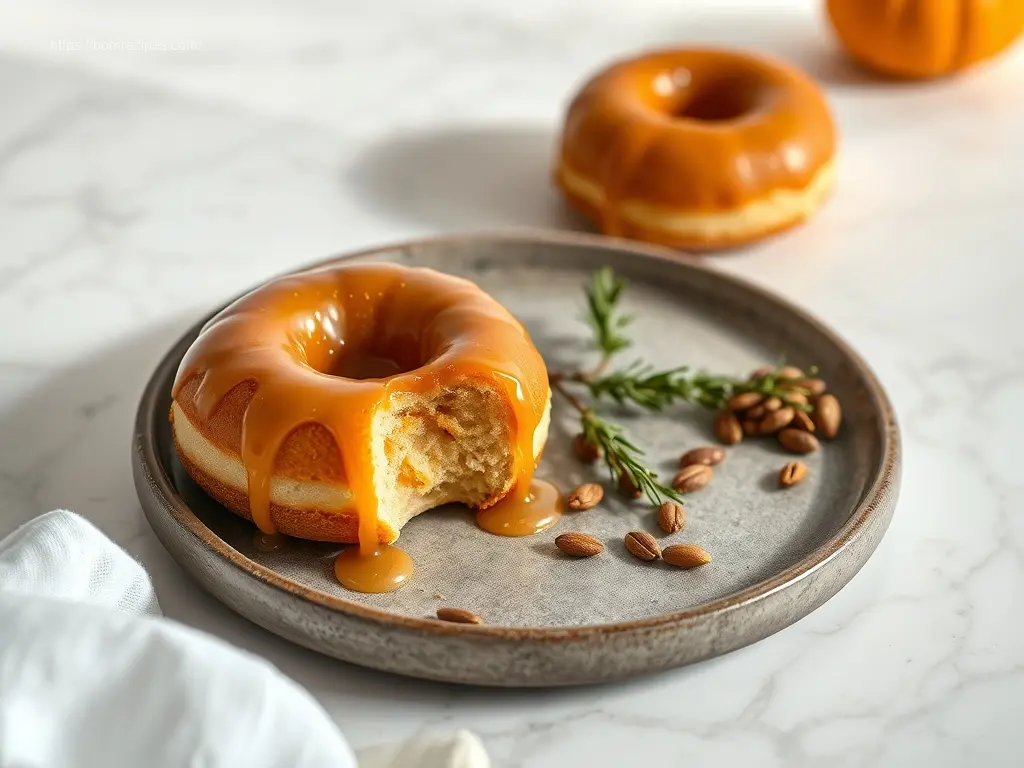 Delicious Pumpkin Spice Brioche Donuts with Maple Glaze on a white platter