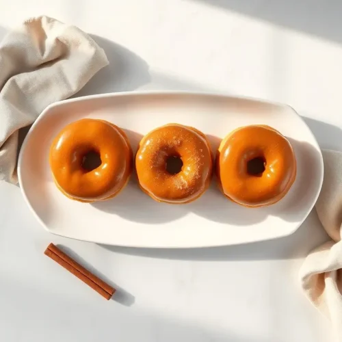 Delicious Pumpkin Spice Brioche Donuts with Maple Glaze on a white platter