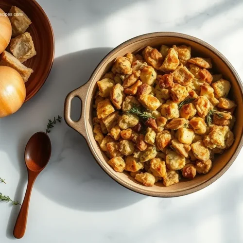 Delicious Savory Turkey Herb Stuffing in a baking dish
