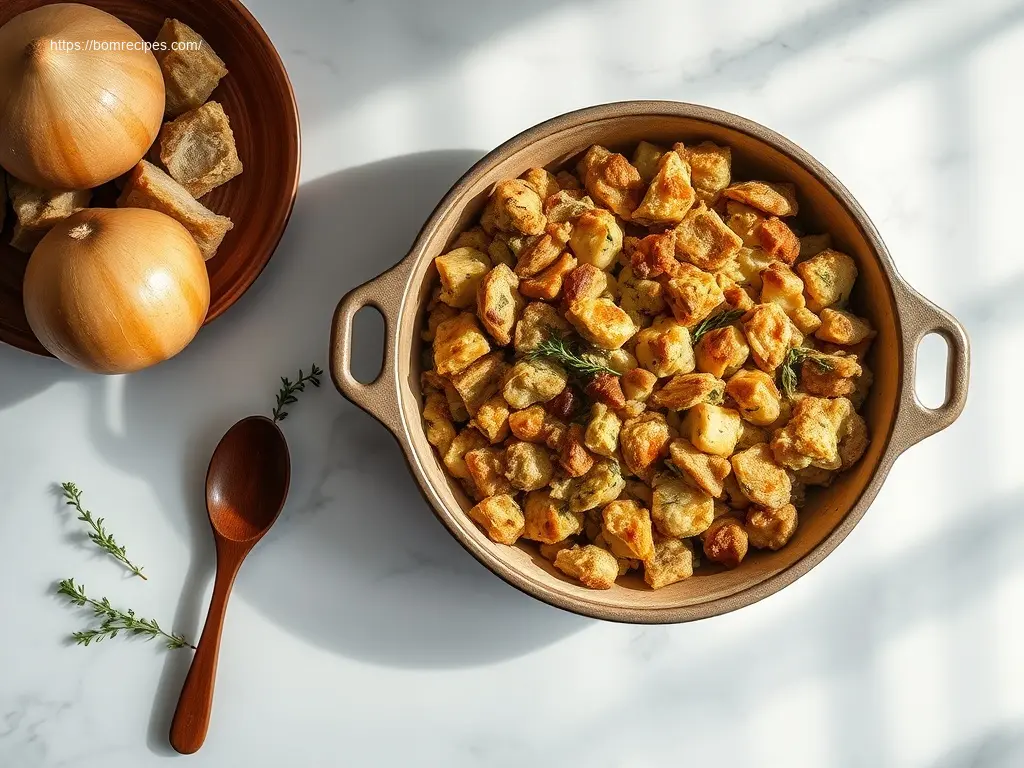 Delicious Savory Turkey Herb Stuffing in a baking dish
