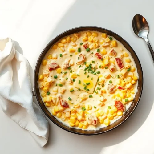 Overhead shot of Skillet Creamed Corn with Turkey Thanksgiving Food