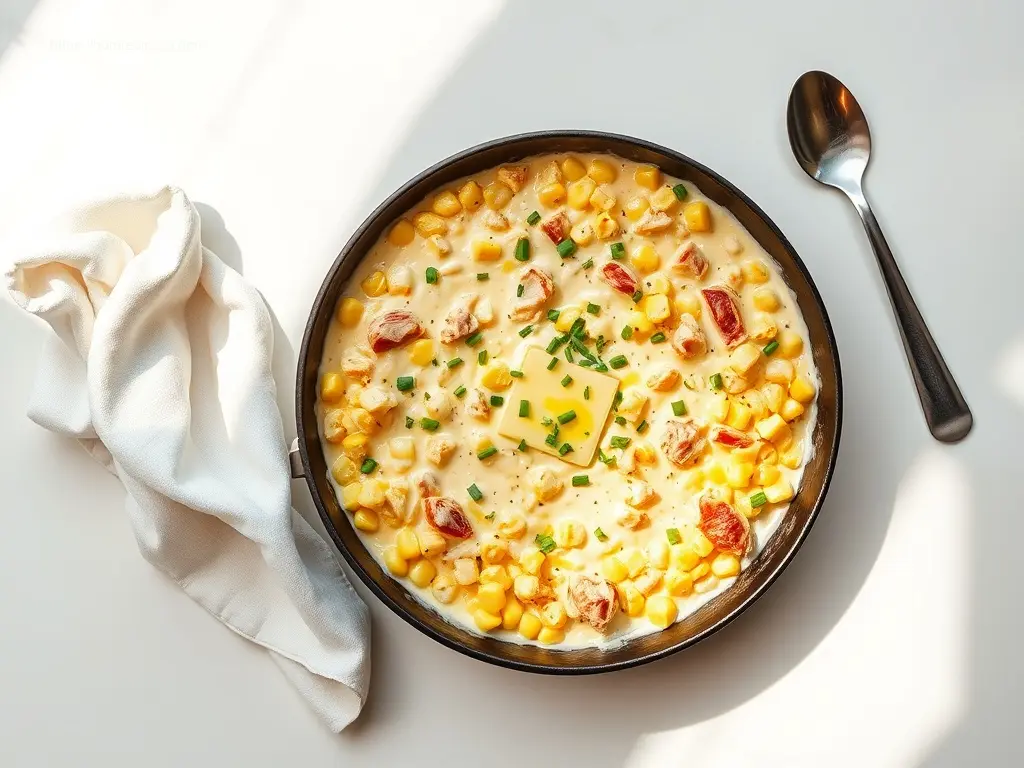 Overhead shot of Skillet Creamed Corn with Turkey Thanksgiving Food