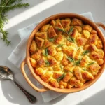 Delicious Sour Dough Stuffing with Fresh Herbs on a white marble