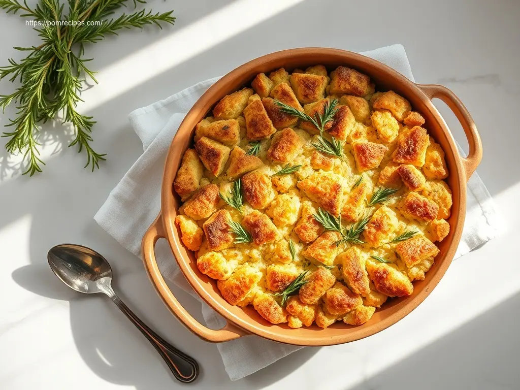 Delicious Sour Dough Stuffing with Fresh Herbs on a white marble