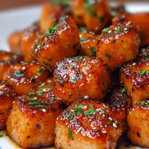 Air fryer honey garlic salmon bites served with a side of vegetables