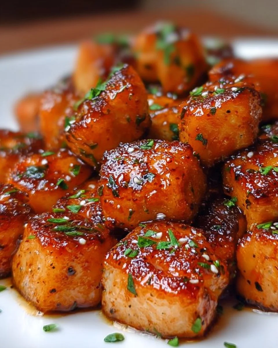 Air fryer honey garlic salmon bites served with a side of vegetables