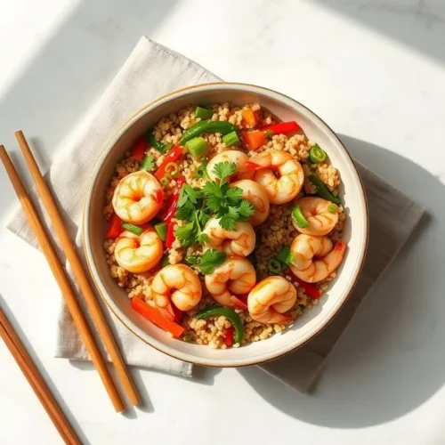 Delicious Asian Shrimp Fried Quinoa Bowl overhead flatlay