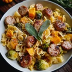 Autumn sausage pasta squash dish with seasonal ingredients and herbs