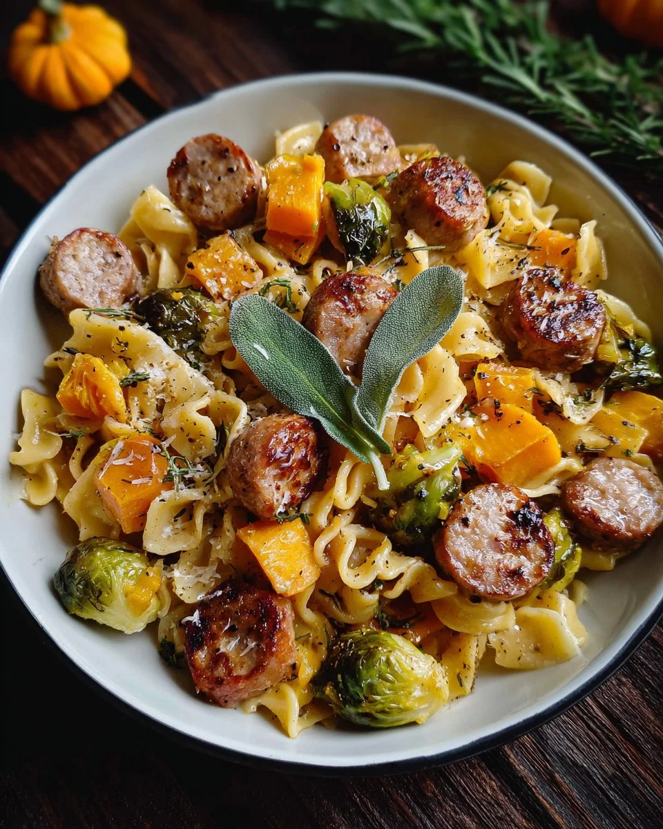 Autumn sausage pasta squash dish with seasonal ingredients and herbs