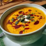 A warm bowl of autumn-spiced roasted pumpkin soup garnished with herbs.