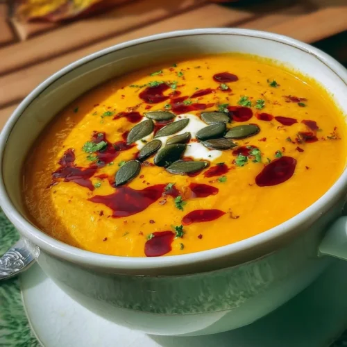 A warm bowl of autumn-spiced roasted pumpkin soup garnished with herbs.