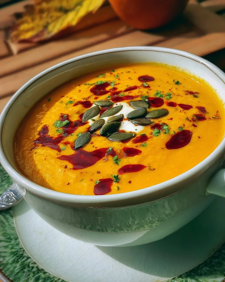 A warm bowl of autumn-spiced roasted pumpkin soup garnished with herbs.