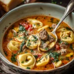 Bowl of autumn tortellini soup with sausage, garnished with herbs