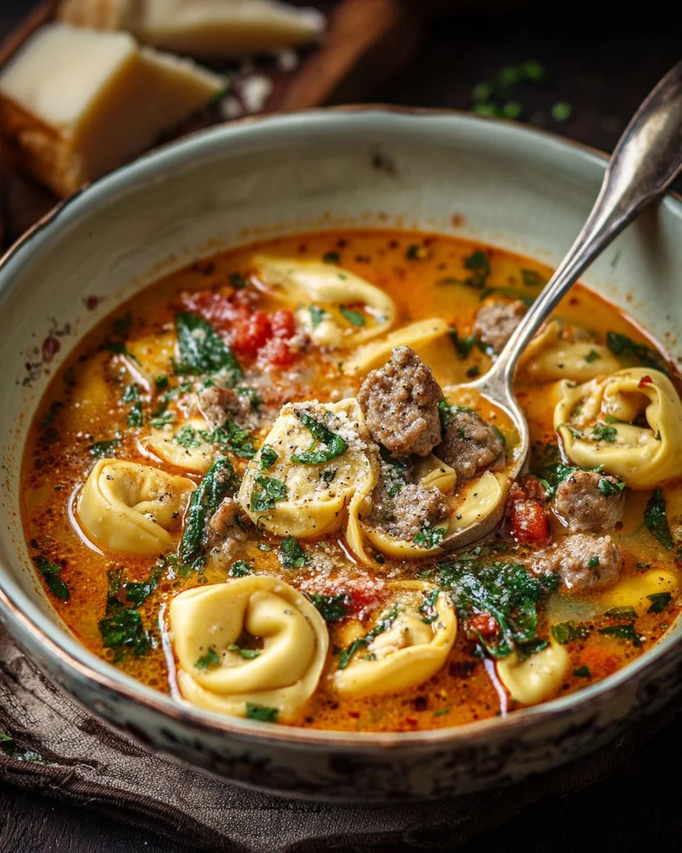 Bowl of autumn tortellini soup with sausage, garnished with herbs
